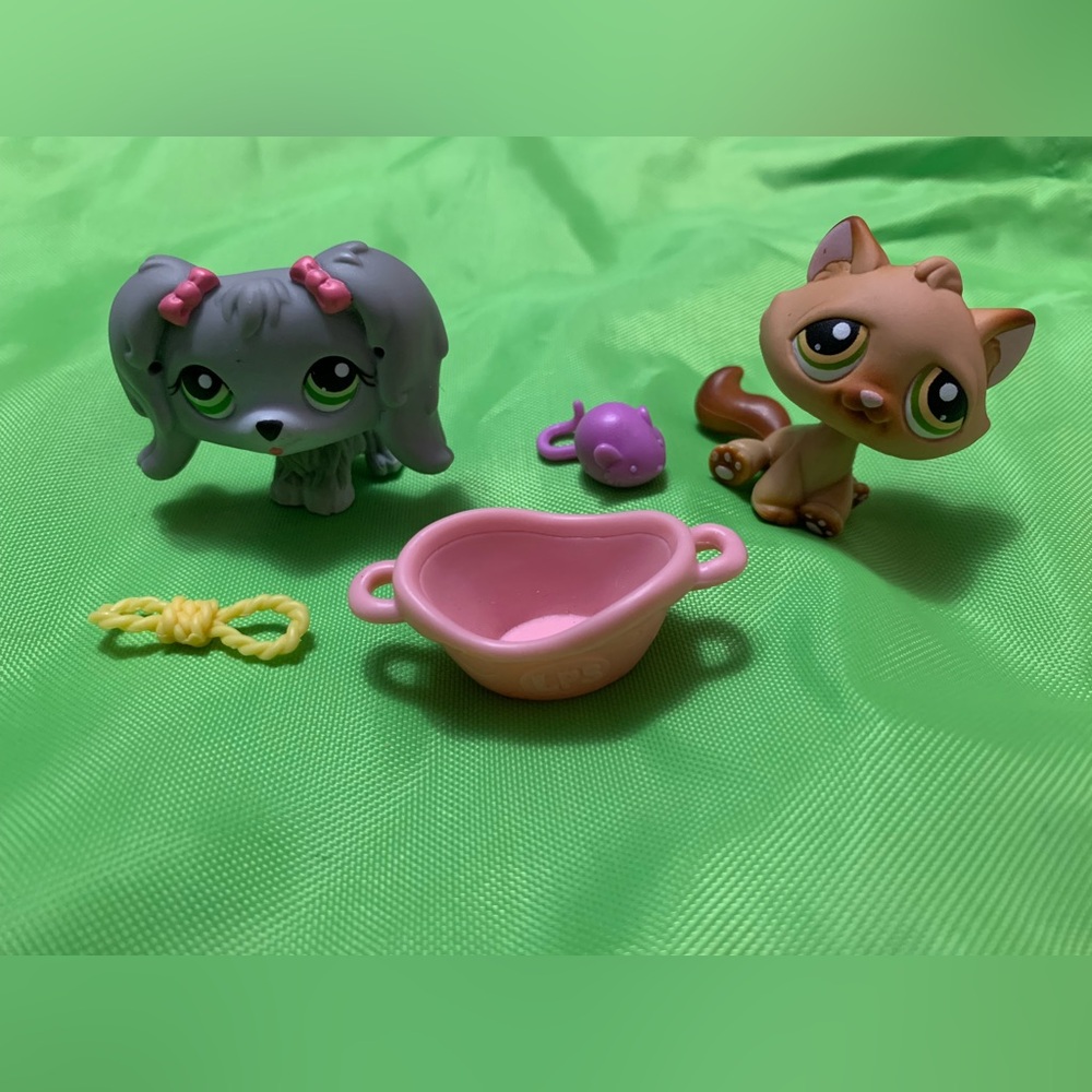 Littlest Pet Shop Pairs Maltese Puppy and Brown Kitten (#193/#194) w/ Rope/Mouse